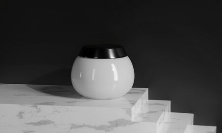 White cream in glass jar. Body, hair, skin care for women's health. Bottle for body moisturizer. Cosmetics Sale Gift 3d render illustration. Eco natural organic promotion product. Cream jar on steps.の写真素材