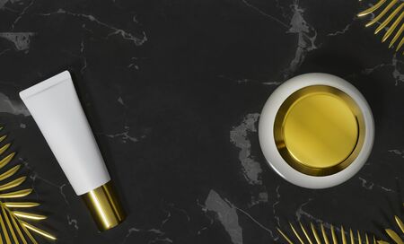 Tube, jar  - 3d render illustration. Blank face cream - White tube, gold cap. Cosmetics lie on black marble, around palm leaves. Dark advertising mockup. Trendy realistic skin or hair care cream jar.の写真素材