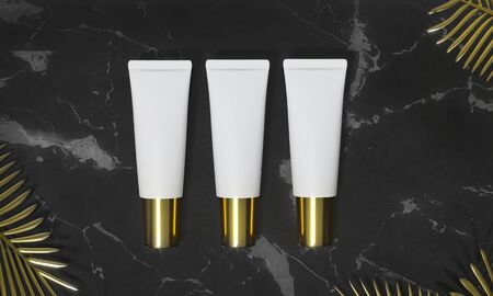 Tubes  - 3d render illustration. Blank face cream - White tube, gold cap. Cosmetics lie on black marble, around palm leaves. Dark advertising mockup. Set of trendy realistic skin or hair care cream.の写真素材