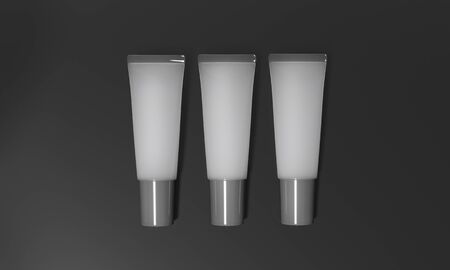 Gray tubes lie on dark background. Translucent tubes with cream - 3D render illustration. Cosmetic product advertising template. Gel for body, hair or skin. Mockup makeup realistic poster. の写真素材