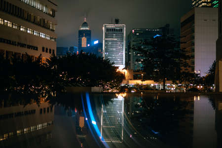 Hong Kong, China; Dic 3 2017: Skyline at night with skyscrapers and lightsのeditorial素材