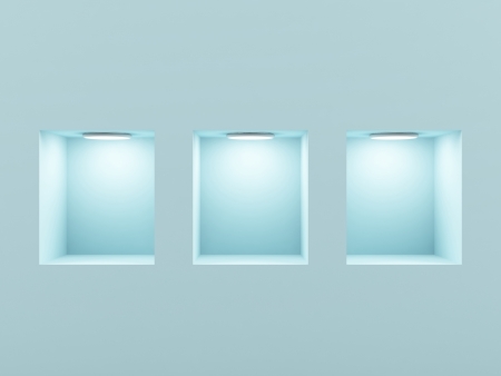 Empty shelves for exhibit in the wall  3d image の写真素材