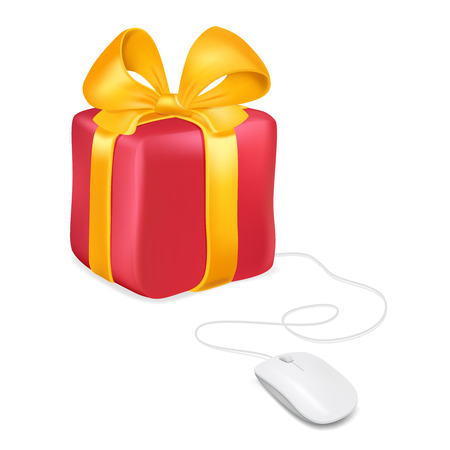 Mouse attached to a gift box. Buying gifts by online shopping. Vector image isolatedのイラスト素材