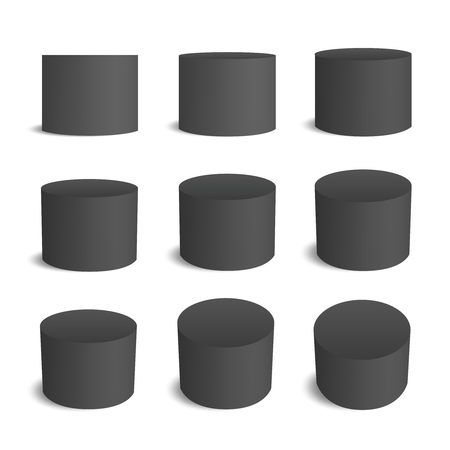 Black realistic cylinder, empty stand round podium isolated. 3d geometric shapes vector set.のイラスト素材