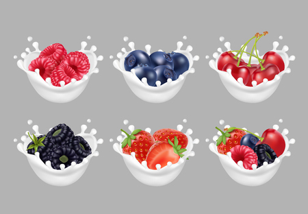 Collection icons of fruit and berries in a milk splash.のイラスト素材