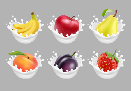 Collection icons of fruit and berries in a milk splash. 3d vector setのイラスト素材