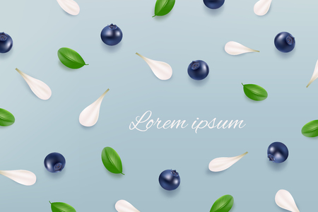 Blueberries, leaves and petals pattern on blue background. Top view. Valentine's background. Floral patternのイラスト素材