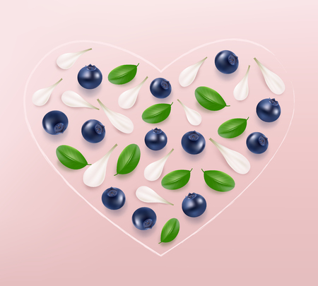 Heart from blueberries, leaves and petals on pink background. Top view. Valentine's backgroundのイラスト素材