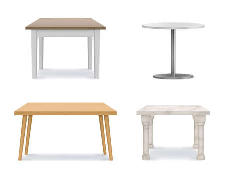 Vector table set. Empty wooden, plastic, stone tables. Template for object presentation. Vector realistic illustrationのイラスト素材