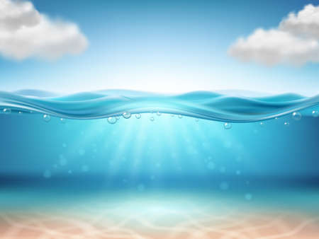 Realistic underwater background. Ocean water, sea under water level. Vector realistic illustrationのイラスト素材