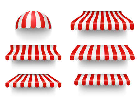 Realistic set of striped red and white awnings. Tents or textile roofs. Realistic vector illustration isolated on white.のイラスト素材