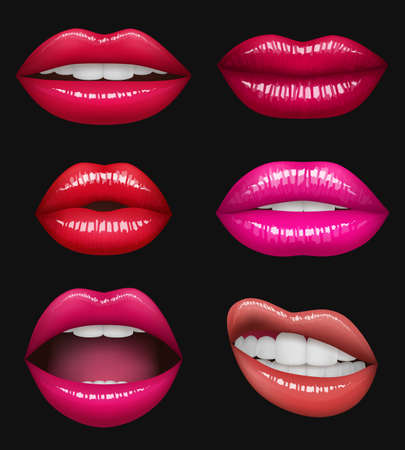 Lips realistic set with bright lipstick isolated on white. Realistic vector illustration.のイラスト素材