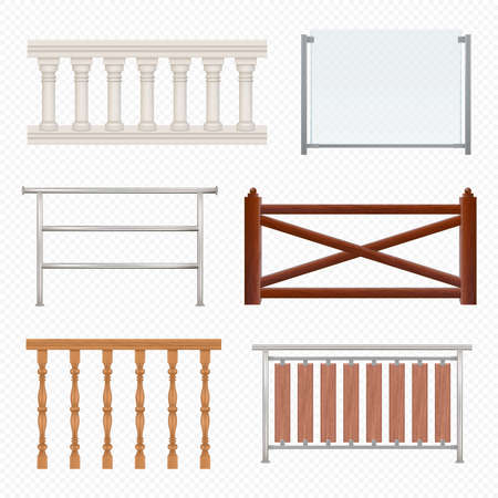 Wooden, metallic, glass railings isolated on white background. Realistic vector illustrationのイラスト素材