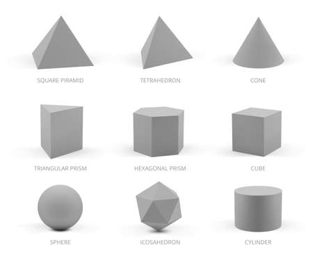 Basic 3D geometric shapes collection with names. Vector realistic illustration isolated on white