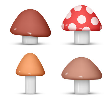 Mushroom 3d vector set. Cartoon plastic mushrooms. Isolated vector objects on a white backgroundのイラスト素材