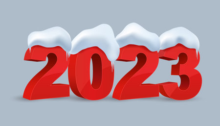 Happy New Year 2023. Numbers under snow. Christmas decoration. Celebrate party 2023. 3d vector...