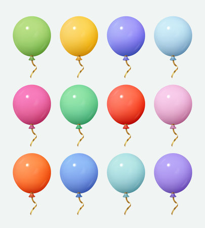 Set of round helium balloons isolated on white. Festive elements in realistic cartoon style. Vector 3d illustrationのイラスト素材