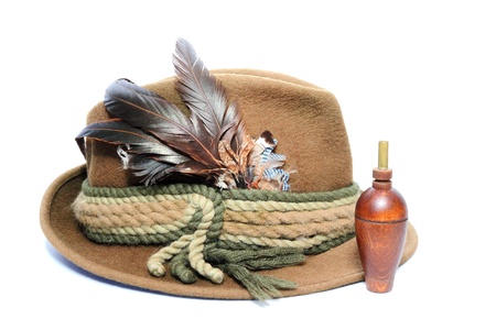 vintage hunting hat and wooden game call for foxes and hazel grouseの写真素材