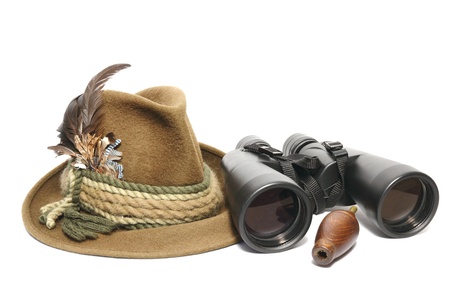 hunting equipment - hat, binoculars and game call for foxesの写真素材