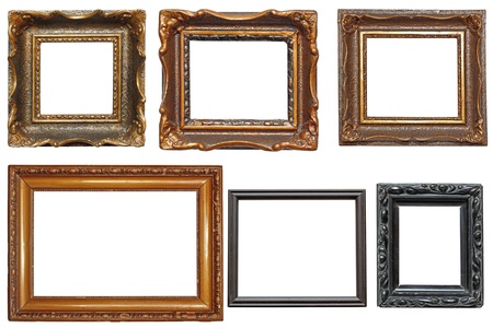 collection of beautiful old wooden frames for paintings isolated on white backgroundの写真素材