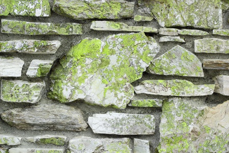 old stone wall covered with green mossの写真素材