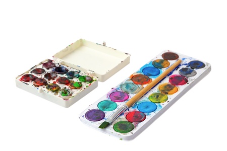 used water colors for kids isolated over white backgroundの写真素材