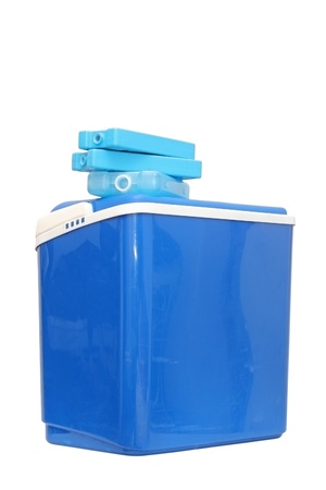 blue plastic cooling box with refills over white backgroundの写真素材