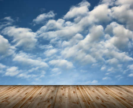 beautiful view of the cloudy sky from wood terrace, backdrop for your design