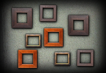 backdrop for your pictures design, large number of colorful wood frames on green wallの写真素材