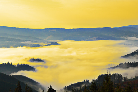 foggy morning in Carpathian mountains, beautiful landscape before sunriseの写真素材