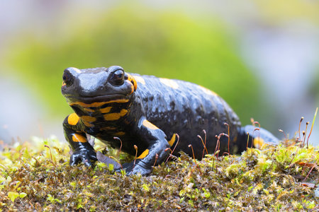 fire salamander in natural habitat, curious animal looking at the camera (Salamandra salamandra)の写真素材