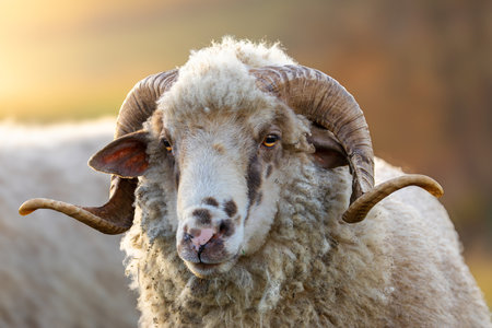 portrait of a large, beautiful ram with impressive horns and striking features in natural lightの写真素材