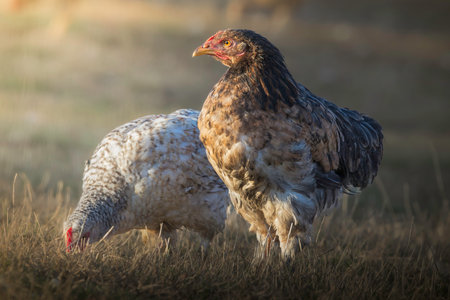 two chickens on natural lawn at a farm in the beautiful light of dawnの写真素材