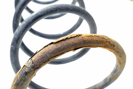 detail of old car spring isolated on white, rusty object for your designの写真素材