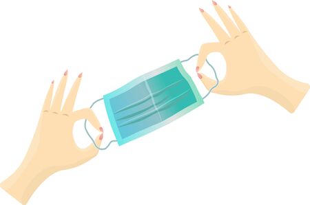 Illustration of isolated two female hands showing gesture ok and holding medical respiratory maskのイラスト素材