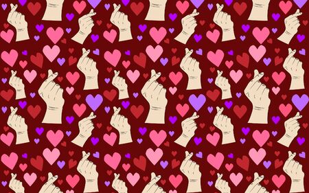 Valentines Day pattern of hearts and hands which is a korean gesture of heart and symbolizes love.のイラスト素材