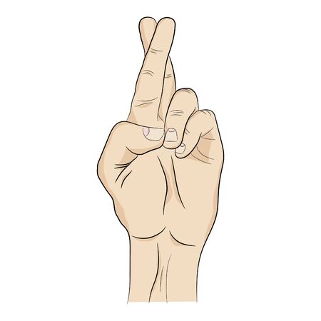 Isolated white hand with crossed index and middle fingers that shows sign of luck with shadows.のイラスト素材