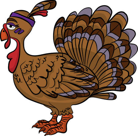 Live cartoon brown turkey with an indian hoop on the head isolated from the side face.のイラスト素材