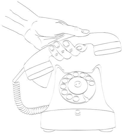Isolated silhouette of hand holding handset of old telephone.のイラスト素材