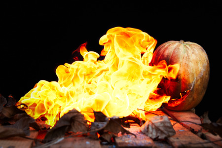 Halloween pumpkin spewing flames of fire on a black backgroundの写真素材