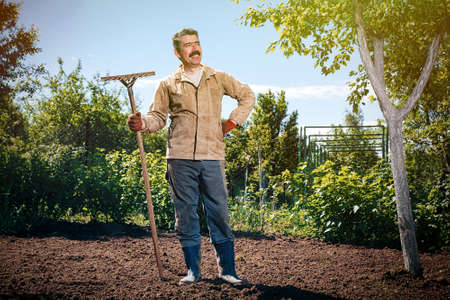 Farmer working in the garden with the help of a shovel digging the ground, on a sunny dayの写真素材
