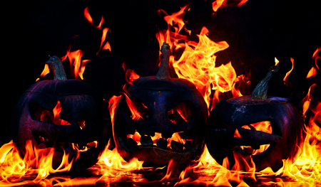 The concept of Halloween. Tree evil terrible pumpkins is burning in the hellish tongues of flame....