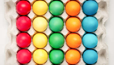Easter concept painted eggs in tray for holidayの写真素材