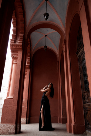 Stylish, luxurious girl in a chic black dress on the street, female with fashion makeup near the building, long dress on tall woman with long legsの写真素材