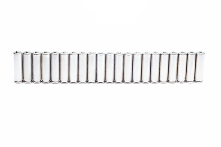 Ecology recycle concept, nature energy, alkaline batteries in row, rechargeable AA accumulator, used...