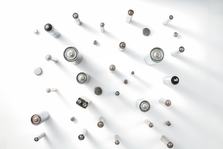 Ecology recycling concept, nature energy, many different types, used or new battery, rechargeable  accumulator, alkaline batteries on white backgroundの写真素材