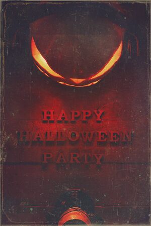 The concept of Halloween. Glowing evil scary pumpkin with headphones, jack lamp, with bat lamp, with inscription Happy Halloween party, on a wooden backgroundの写真素材
