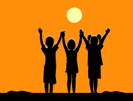 Silhouette of three children friendship at sunset, friendship team shake handsのイラスト素材