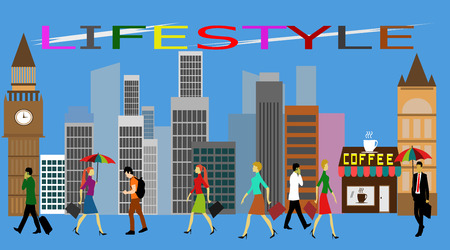 The lifestyle of people in the city is diverse building background,font lifestyleのイラスト素材