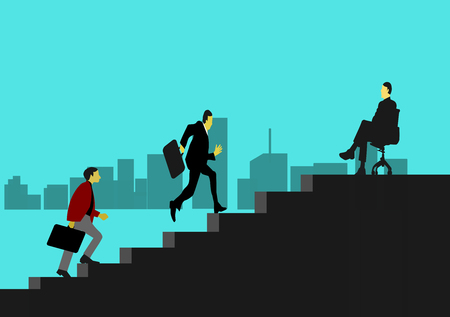 Two businessmen are climbing stairs. In order to go to executive positions. There is a building in the background.のイラスト素材